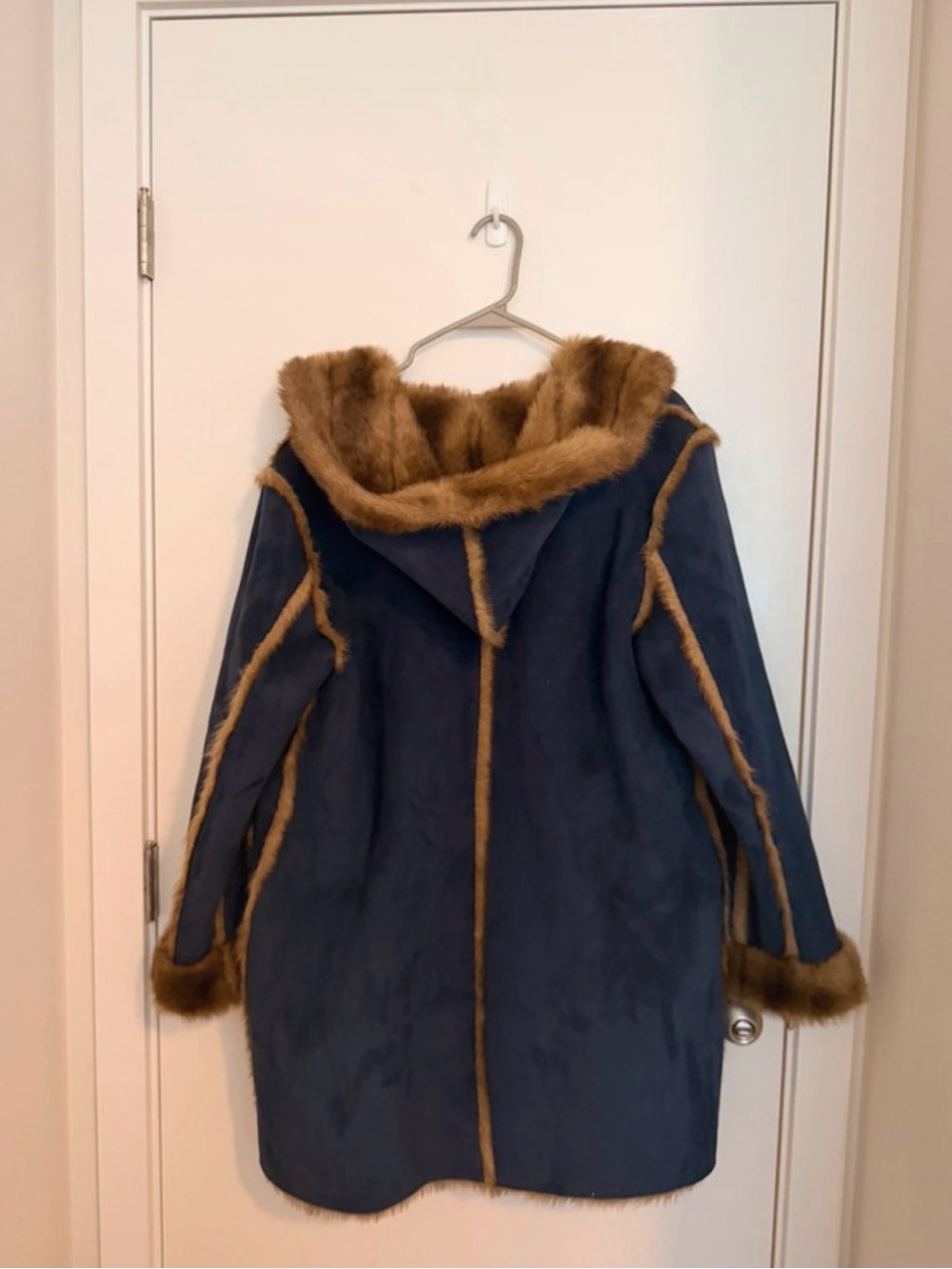 dennis basso Navy Teddy Coat with Brown Faux-Fur Trim